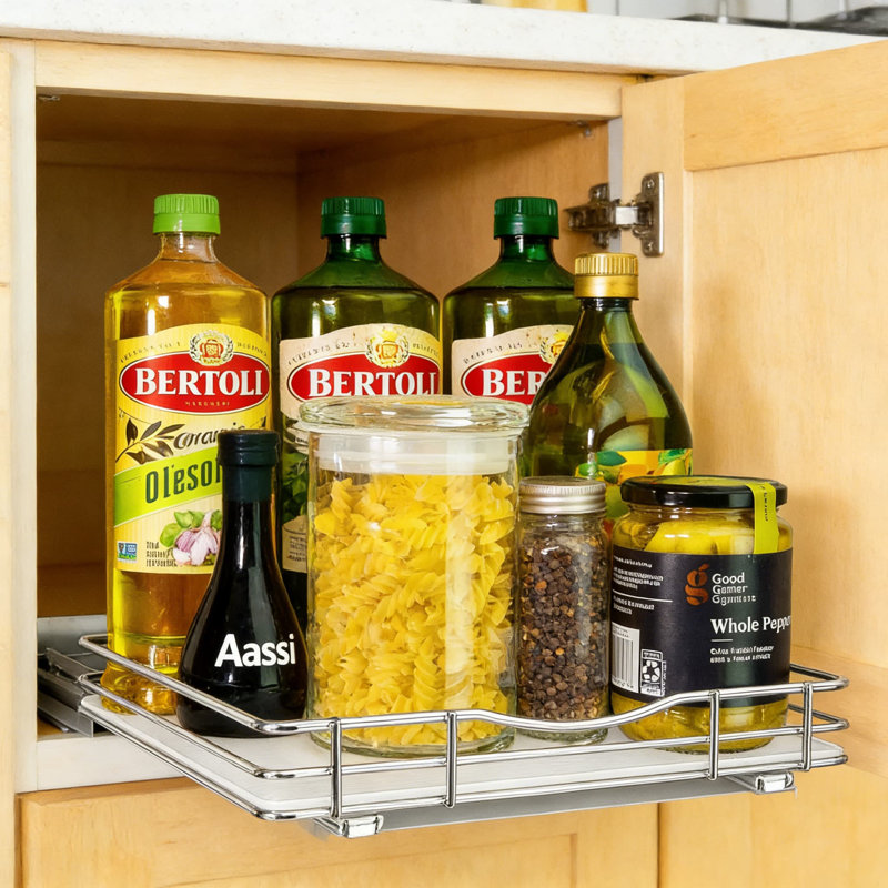 Pull-Out Spice Rack Organizer For Kitchen Cabinets - Heavy-Duty Slide-Out Drawer With  2 Ball Bearing System - Easy Mount Installation