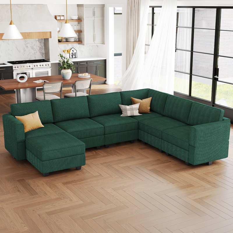 Nairoby Modular Corduroy Sectional with Storage , Green Corduroy