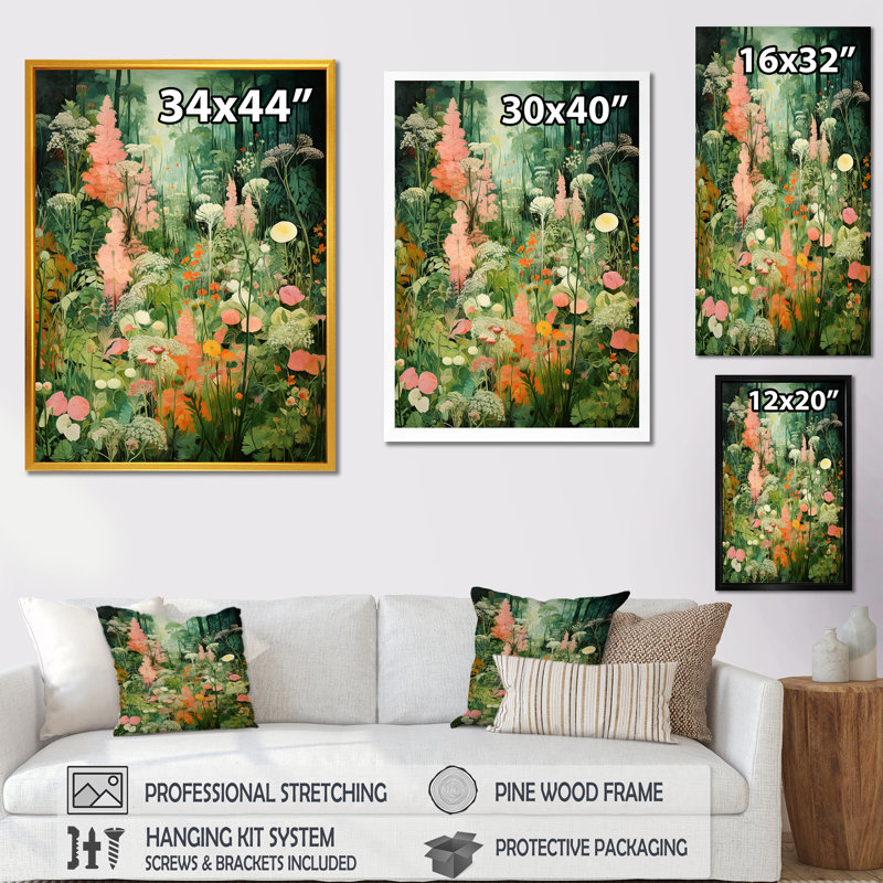 Enigma, fleurs de jardin roses et vertes 3 - tachisme, art mural, Cadre flottant noir, H 40 po x l 30 po