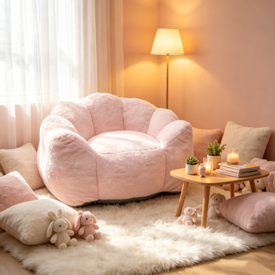 Petal-Shaped Floor Sofa Chair, 39.8"W x 35.3"D x 31.5"H, Faux Fur, 1 Piece, Single Floor Chair, Baby Pink, Shredded Foam Filling with No Assembly