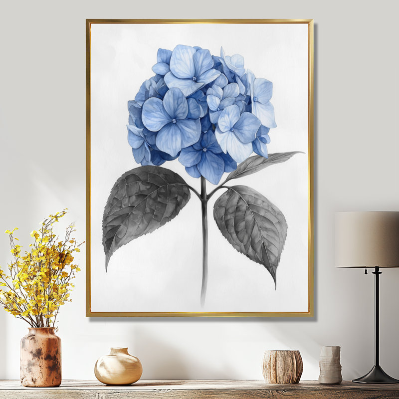 Hortensia dans un jardin monochrome II - art mural d'hortensia pour le salon, H 32 po x l 16 po, Doré