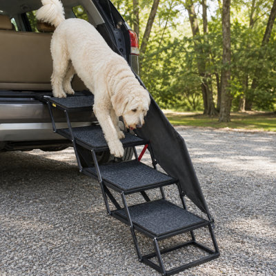 Escalier pliable pour chien Black Q235 à quatre marches avec deux hauteurs réglables, larges marches antidérapantes en feutre pour animaux de compagnie, capacité de 181 kg et garde-corps latéraux pour grands chiens, voitures, VUS, camions, lits hauts et canapés.