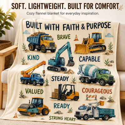 Construction Truck Throw Blanket with Heavy Equipment Illustration, Inspirational Flannel Blanket Featuring Excavator Dump Truck Bulldozer Design for Home Sofa Bed, 30 x 40 in