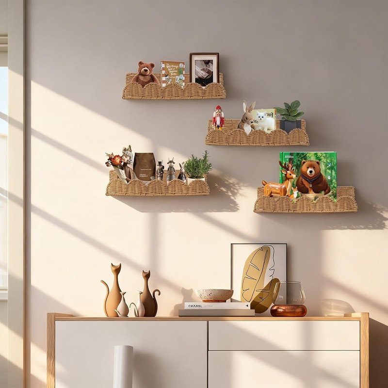 Ensemble de 4 bibliothèques flottantes en rotin festonné - étagères murales Boho en osier pour chambre de bébé, chambre d'enfant et décoration