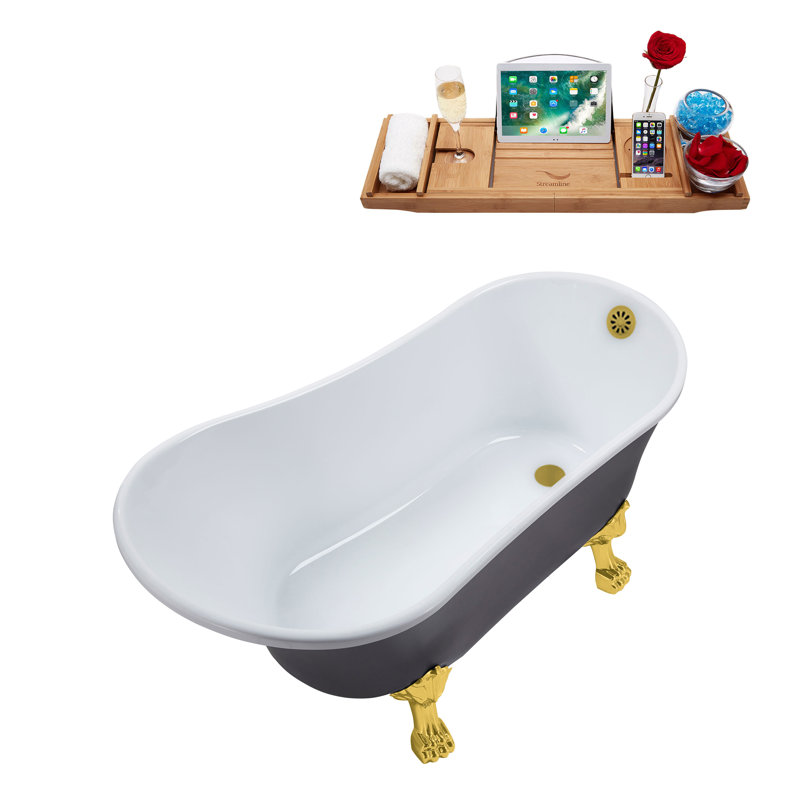 55" Streamline Clawfoot Soaking Acrylic Bathtub With Drain, Clawfeet, and Bamboo Tray, Polished Gold, Brushed Gold