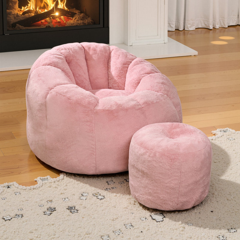 Compression Comfy Pumpkin Bean Bag Couch Sofa Chair,Modern Faux Fur Bean Bag Chair With Ottoman, Pink Velvet