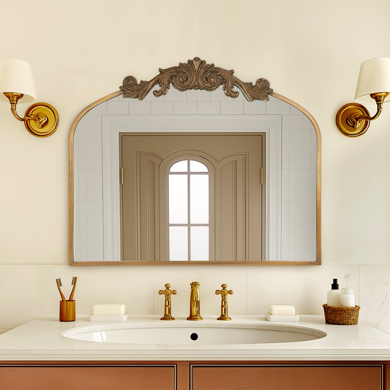 Gold Vintage Wall Mirror, 30 X 36" Antique Baroque Ornate Frame, Arched Decorative Brass Mirror For Bathroom Vanity, Fireplace Mantle, Living Room & Entryway, Victorian Style Home Decor
