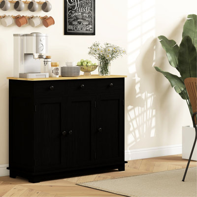 Sideboard With Solid Wood Countertop - Modern Kitchen Storage Cabinet 3 Drawers, Doors, Adjustable Shelf Distressed Black For Versatile Use Craft Chest Countertop, Creative Hobby