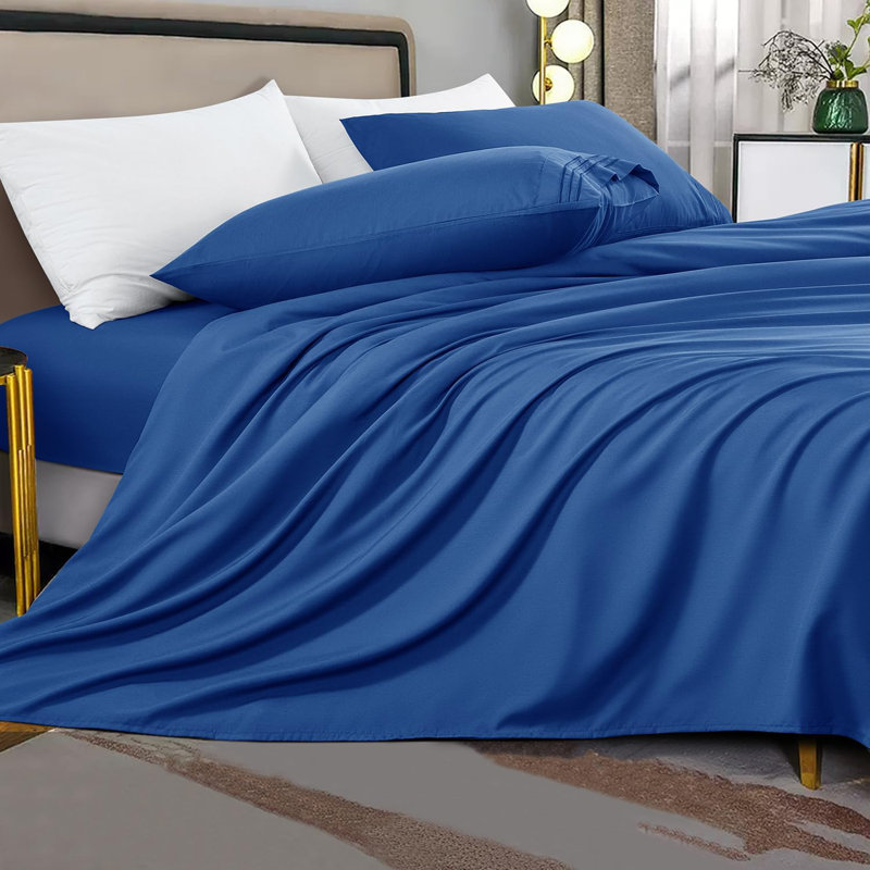 6 Pieces Bamboo Cooling Bed Sheets Set - 16" Deep Pockets, CalKing Sheet Set + 1 Fitted Sheet + 4 Pillowcase, Navy Blue