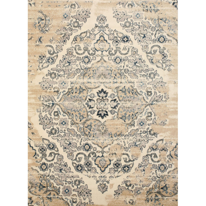 Ivory Machine-Made Polypropylene Distressed Bohemian Isabella Medallion Rug by , Durable and Stylish Area Rug for Adding a Bohemian Chic Touch to Your Living Room, Bedroom, Office, or Home Décor