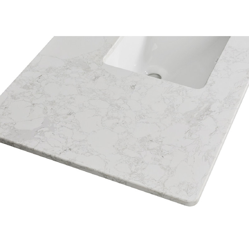 Plan de toilette simple en quartz de 109 cm x 56 cm avec lavabo en céramique et robinetterie simple.