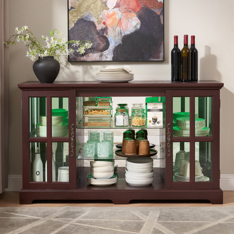 Armoire basse à 2 grilles avec bande lumineuse RVB en couleur et poignées rétro, tablettes réglables à 2 niveaux, rangement en verre multifonctionnel pour diverses pièces