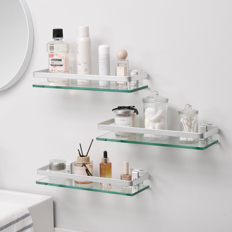 (3-Pack) Floating Glass Shelf For Bathroom Aluminum Tempered Glass Wall Mounted Silver 18/8 Stainless Steel