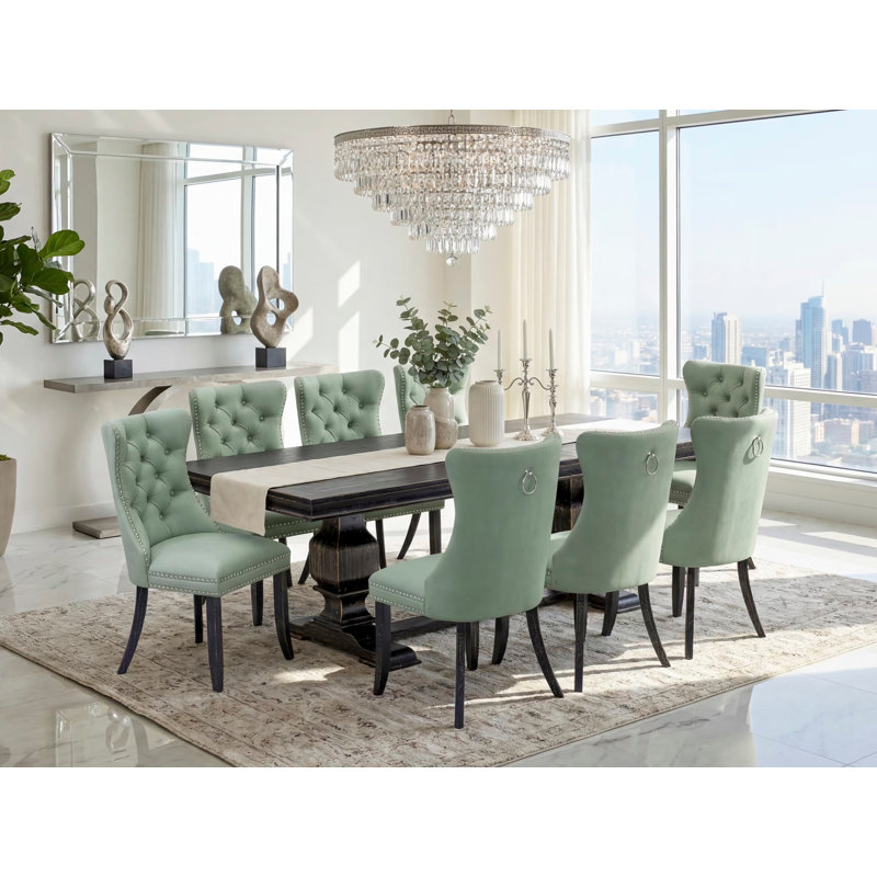 Ensemble de table de salle à manger 9 pièces comprenant une table rectangulaire et 8 chaises en tissu de polyester vert saule, noir sablé