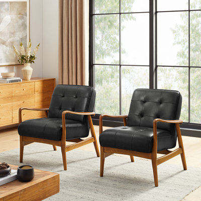 Morrilton Genuine Leather Tufted Arm Chair With Solid Wood Frame (Set of 2)