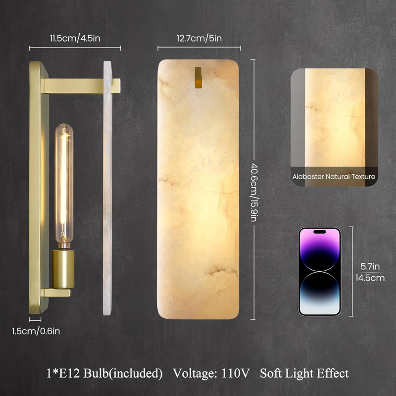 1 - Light 16" Rectangular Brass Wall Sconce Flush Mounted Sconce With Alabaster Shade, 15.9'' H x 5'' W x 4.5'' D