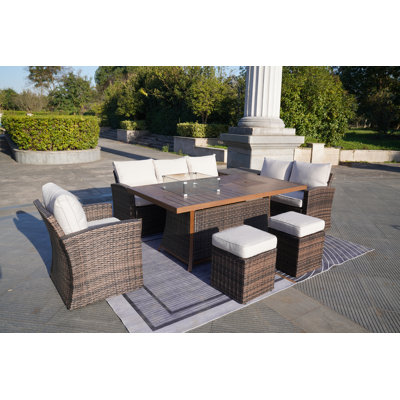Moda 70 In. X 39 In. X 27 In. Rectangular Wicker Outdoor Gas Fire Pits Dining Set1