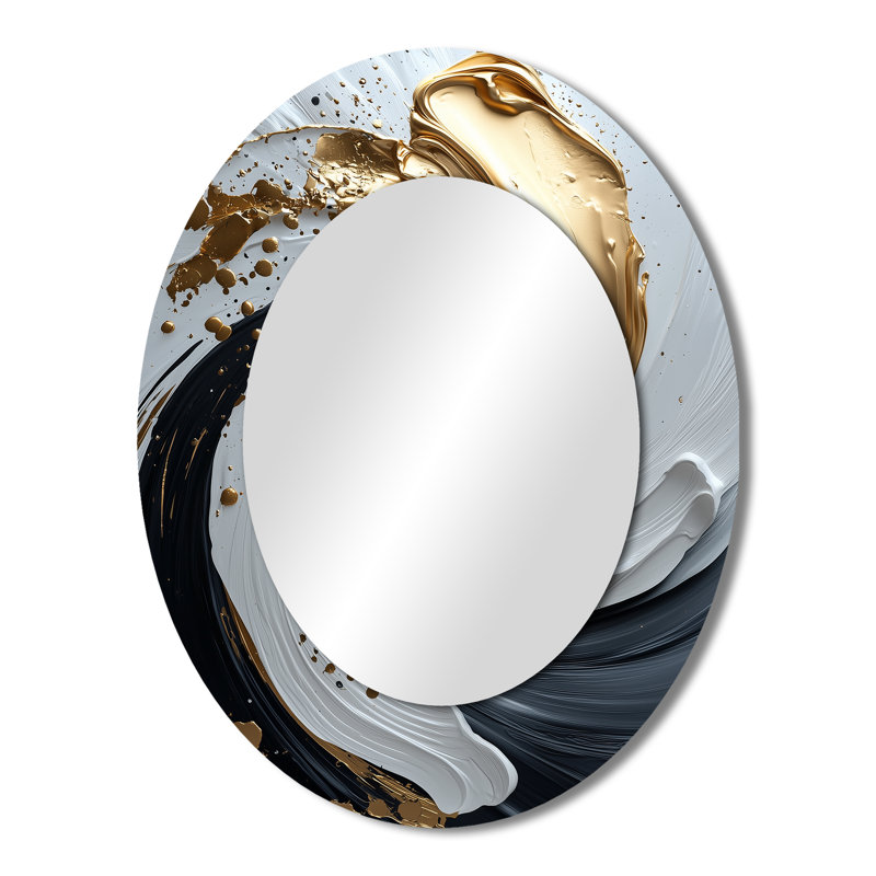 White Black Gold Cosmic Whirlpool II - Modern Oval Wall Mirror, 43" x 33"