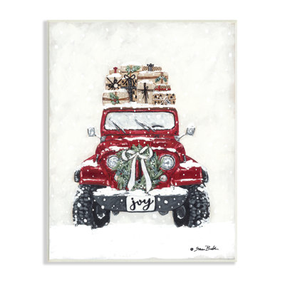 Festive Red Truck Christmas Presents Snowscape Flurry Black, estampe numérique encadrée, art texturé par Sara Baker