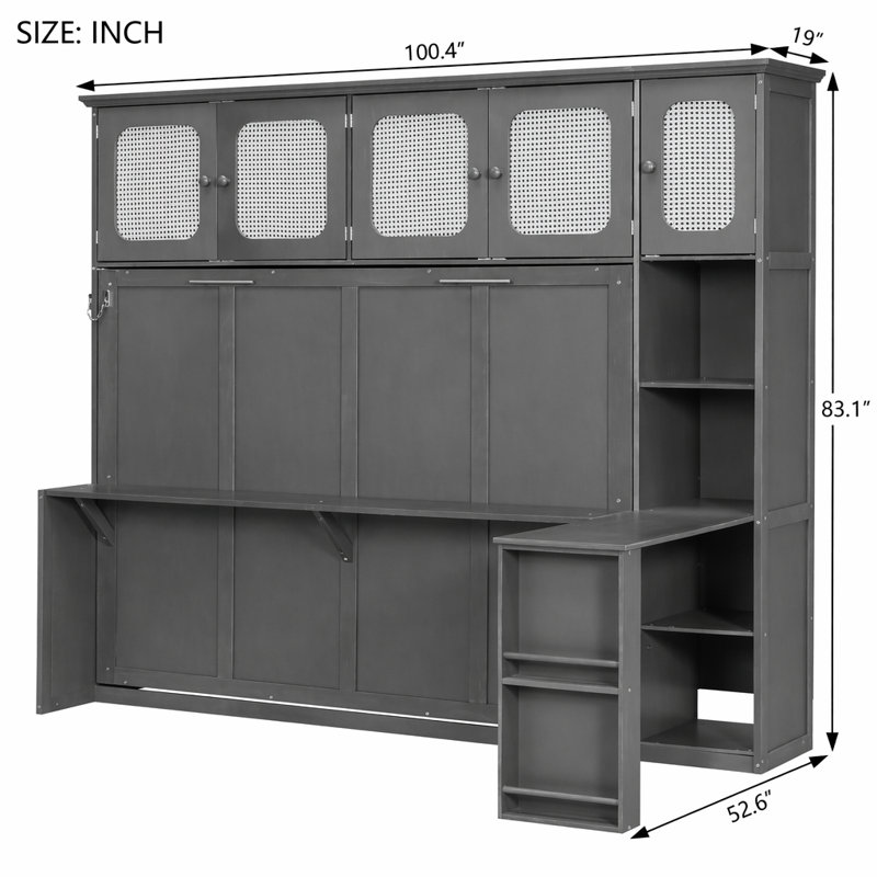 Lit escamotable double avec bureau et armoires en rotin, lit mural peu encombrant, Gris