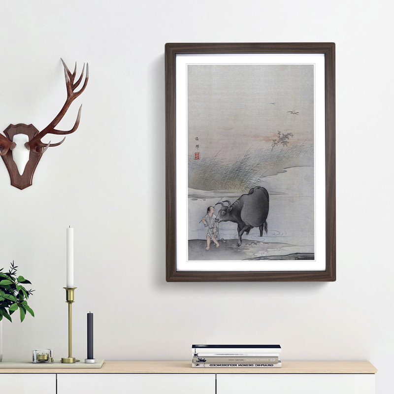 Cow at the Rivers Edge by Hashimoto Gaho - Picture Frame Painting Print, 36cm H x 27cm W x 2cm D, Walnut Framed
