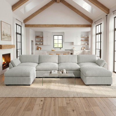 Plush Wide Corduroy Modular Sectional Sofa With Ottomans, L U Shaped Livingroom Sofa