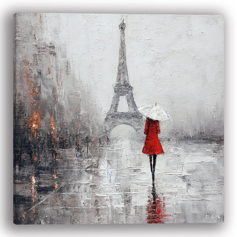 «Paris in the Rain - Woman in Red» par Eiffel Tower, reproduction d'art sur toile tendue