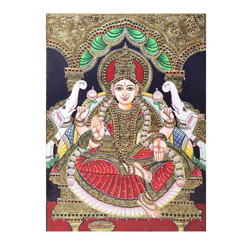 Peinture Padmasana Gajalakshmi Tanjore | Couleurs traditionnelles avec or 24 carats | Structure en bois de teck
