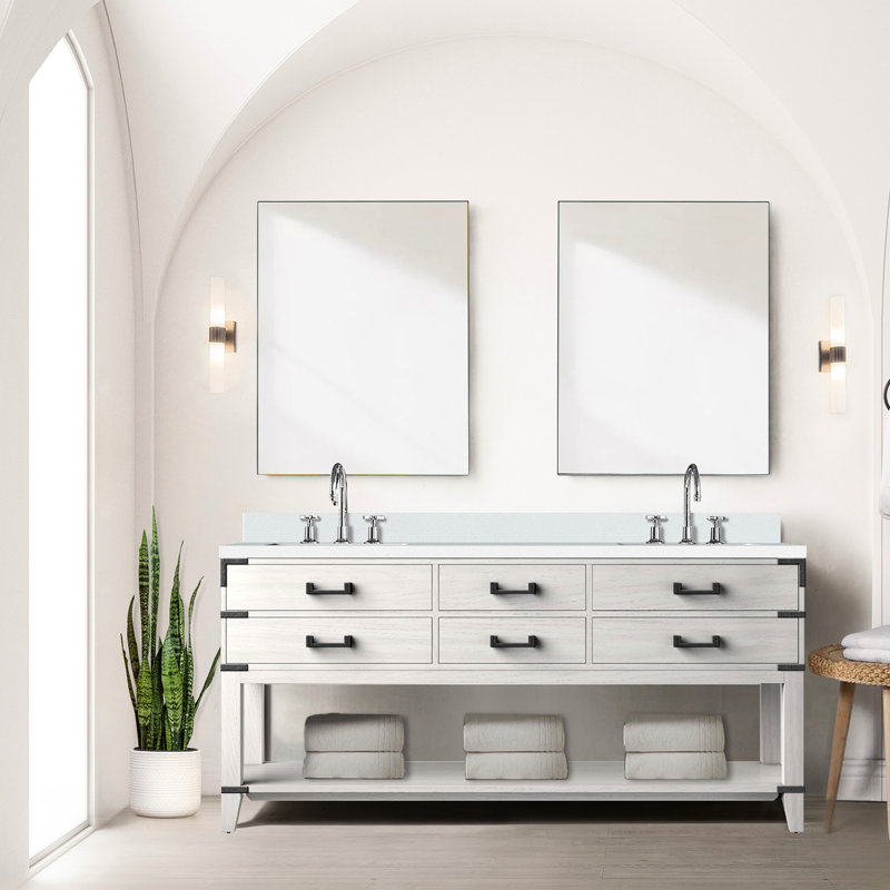 Meuble-lavabo double en chêne blanc avec beaucoup de rangement et comptoir poli de 8 po Robinet espacé pré-percé