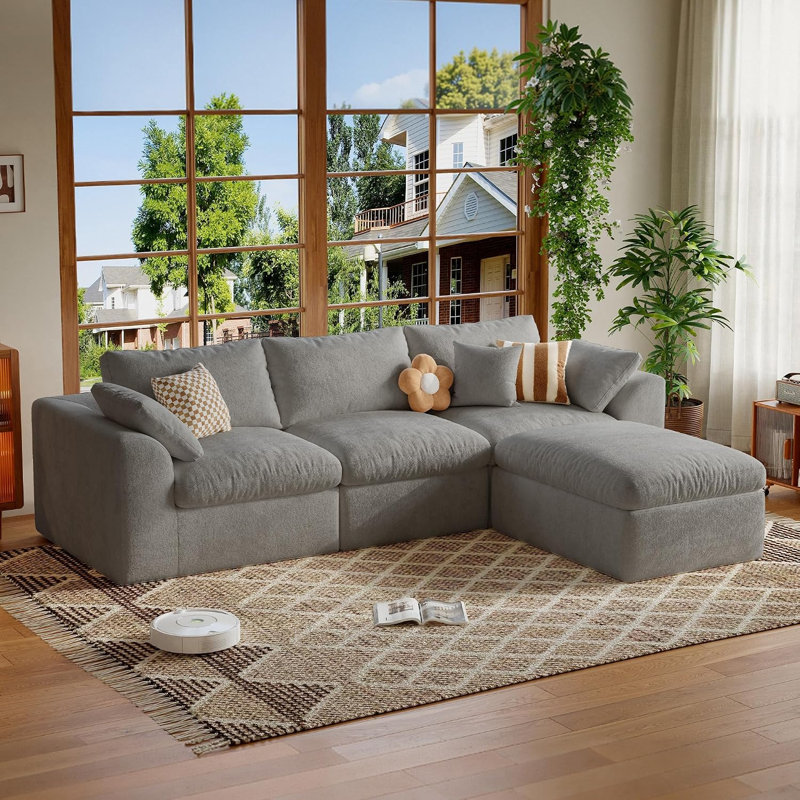 Canapé d'angle modulaire Cloud en forme de L, 274 cm (108 po), sans ossature, avec pouf, velours mousse, double couche de mousse, dossiers amovibles, aucun assemblage requis, gris
