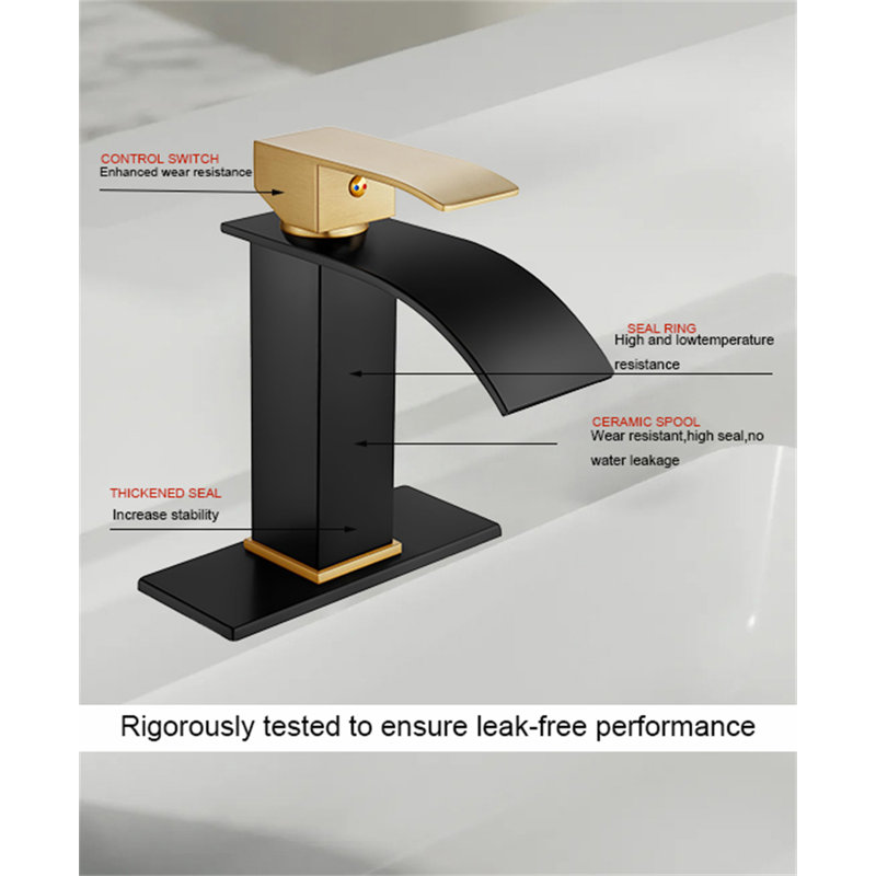 Commercial-Grade Single Handle Waterfall Bathroom Faucet With Pop-Up Drain, Matte Black;Brushed Gold