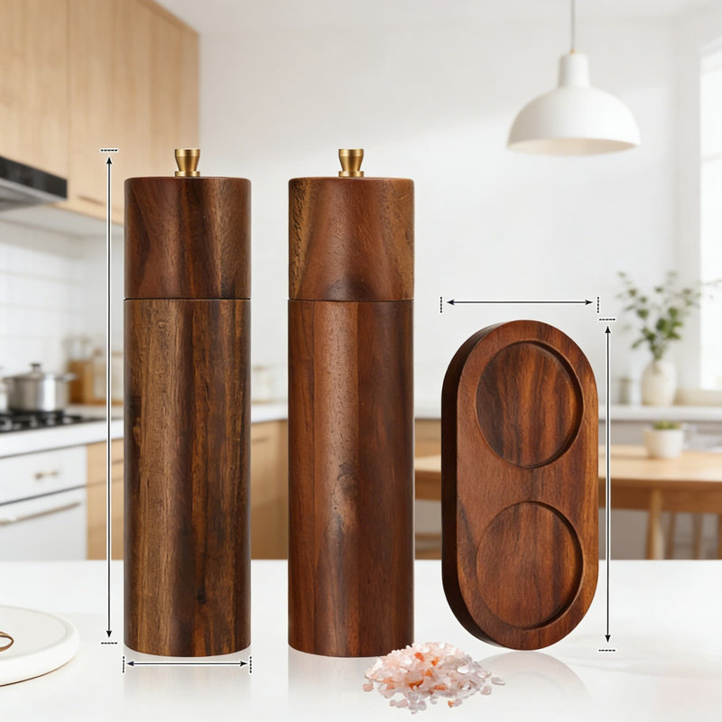Ensemble de moulins à sel et à poivre manuels avec plateau - Meulage réglable en céramique, moulins à bois d'acacia rechargeables pour la cuisine, la maison ou le cadeau