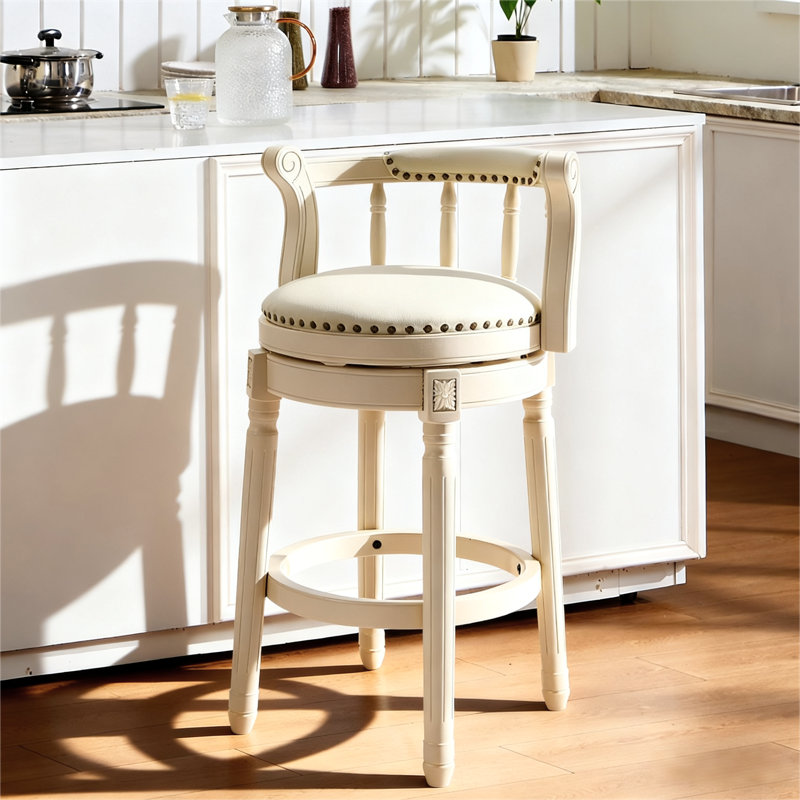 Full-Grain Leather Bar Stool Counter Height Stool Solid Wood Swivel Barchair with Footrest for Kitchen Dining Room Living Room