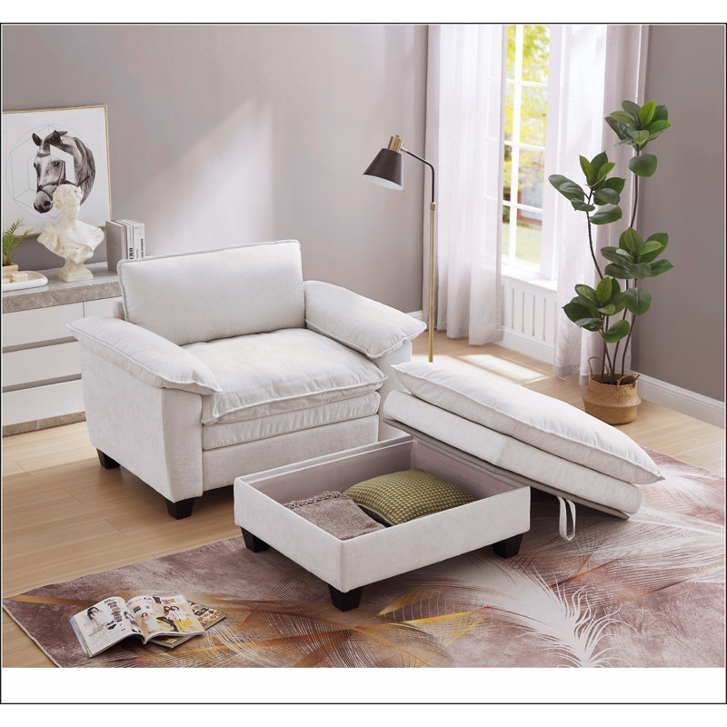 Méridienne surdimensionnée avec repose-pieds et rangement rembourré en chenille douce, Beige