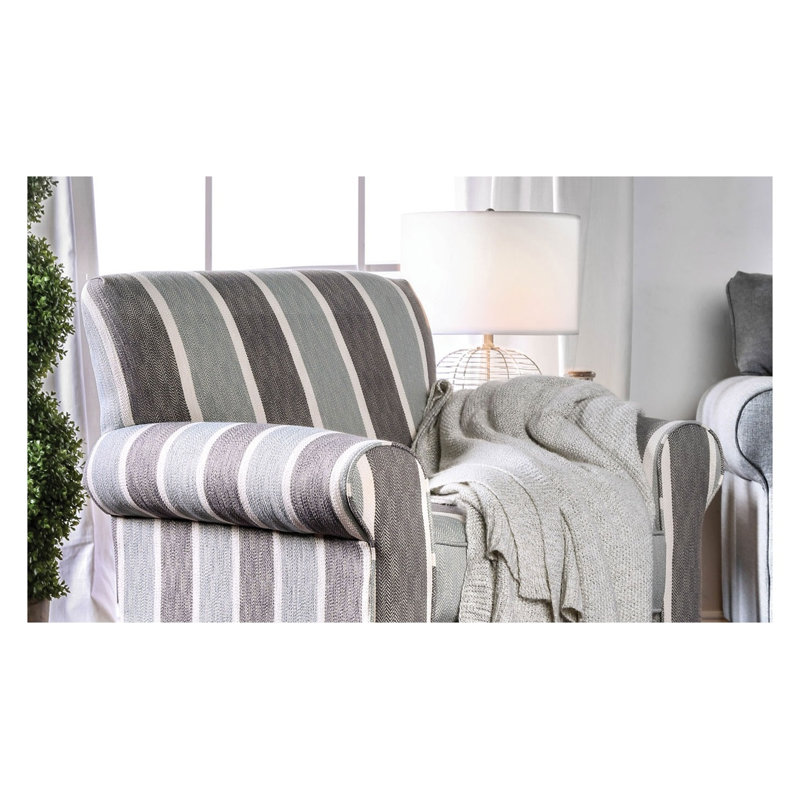 Chaise d'appoint transitionnelle à dossier haut avec accoudoirs roulés, tissu rayé bleu-gris, structure en bois massif