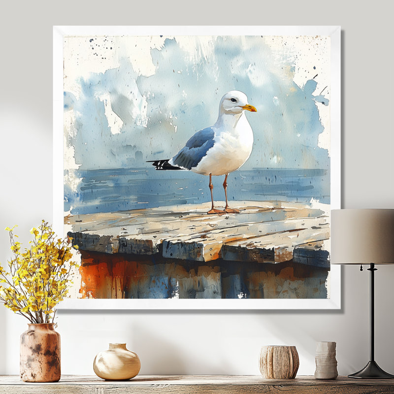 Avaleigh Seagull On The Dock II - oiseau, art mural, H 16 po x l 16 po, Reproduction encadrée d'une seule photo, Blanc