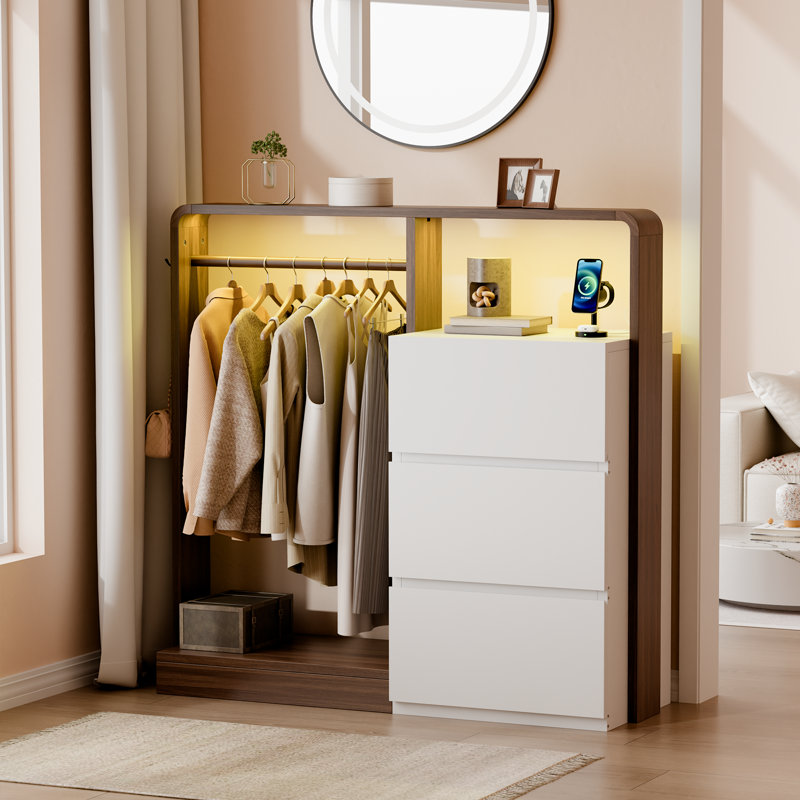 Dresser With Led Lighting & Charging Station + Clothes Rack Combo, 3-Drawer Closet Organizer With Hanging Rod & Side Hooks – Perfect For Bedroom, Entryway, Apartment, Or Small Space Storage