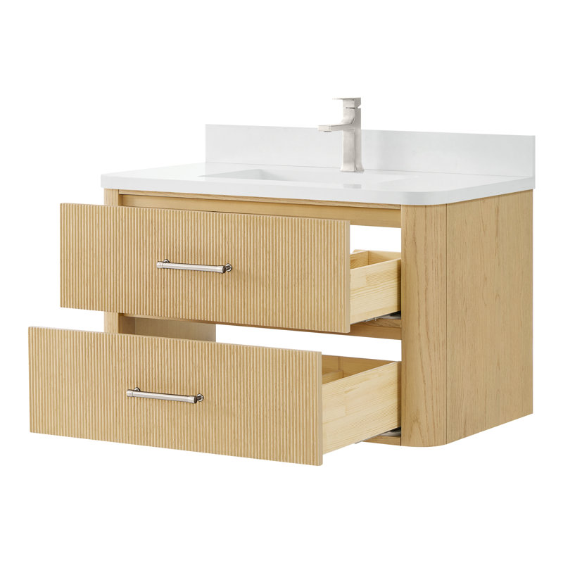 Meuble-lavabo mural simple en chêne scandinave de 36 po Francesca, Beige, Nickel brossé, Quartz blanc