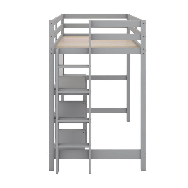 Wooden Loft Bed With Desk,Shelves And Writing Board, Gray, Twin
