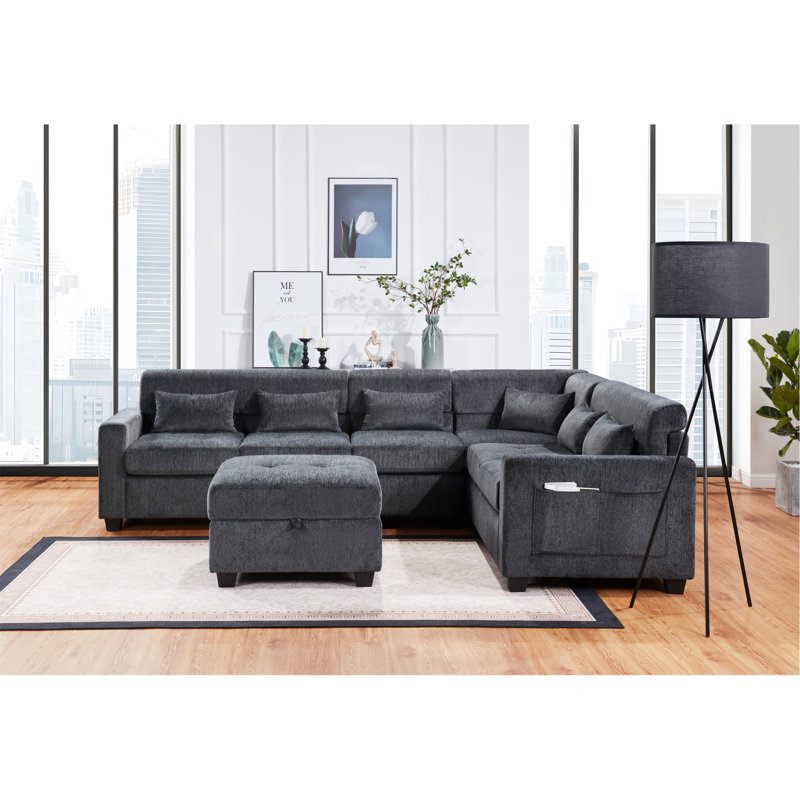 115"W Grey Chenille Sectional Sofa With Adjustable Backrest