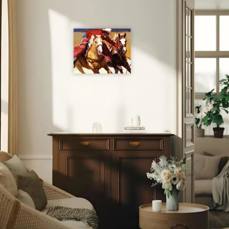 «Red Western Sporty Cowboy», art mural en toile sans cadre 24 po x 18 po