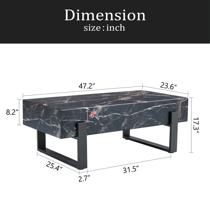 Table basse 47,2 po x 23,6 po en MDF minimaliste à motif de marbre. Autocollant à motif de marbre, revêtement de pied en métal noir, table basse en panneau de fibres à densité moyenne. Un style simple et moderne.