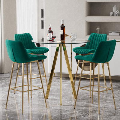 3 Piece Pub Table and Velvet Fabric Pedestal Bar Stool Dining Set (Set of 3)