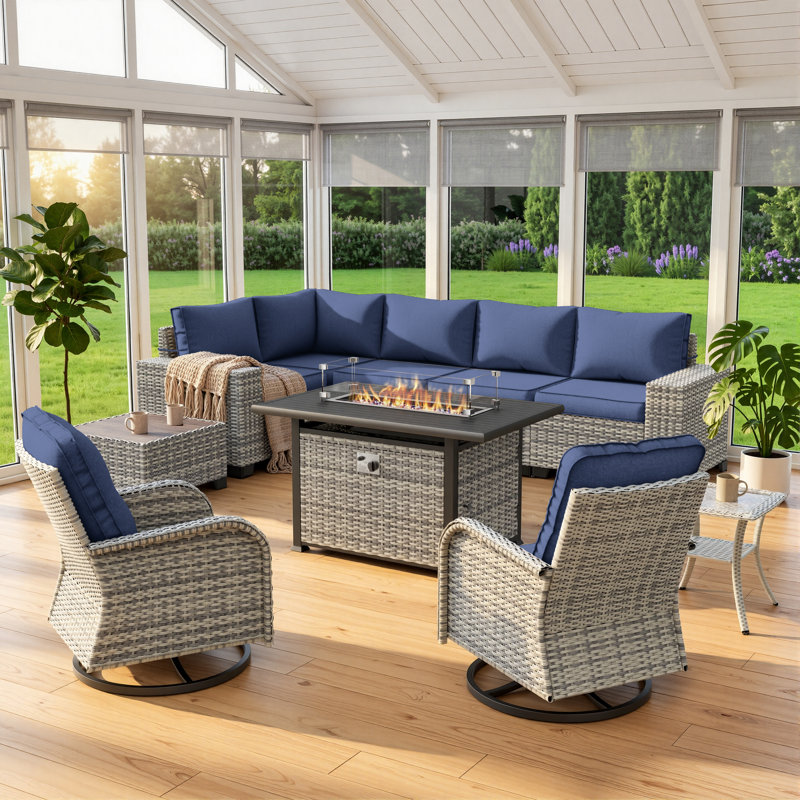 Ensemble de conversation modulaire de patio 10 pièces avec table de foyer et chaises berçantes pivotantes, Marine
