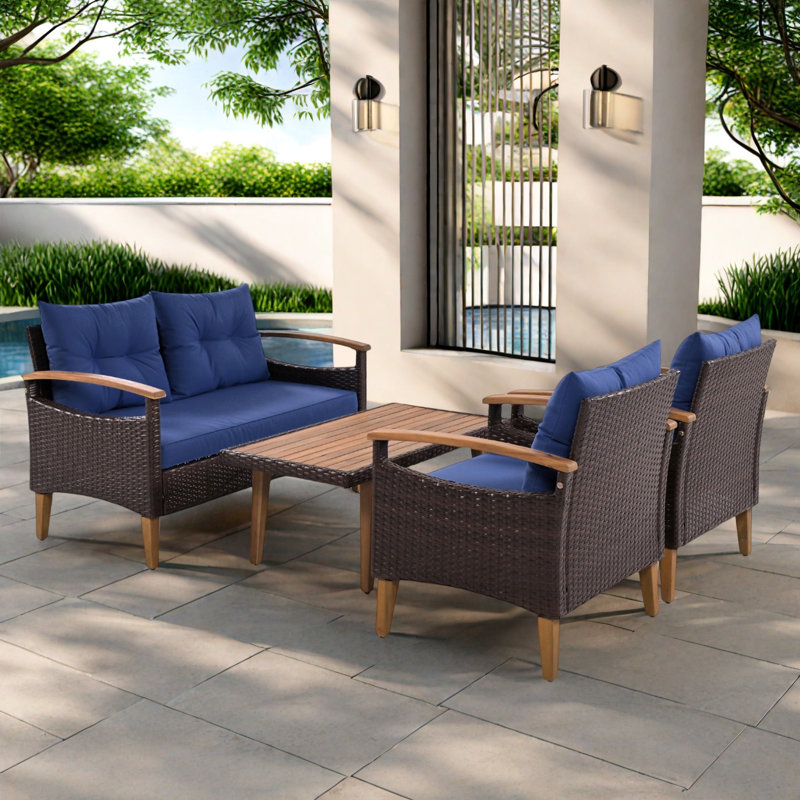 4 Pieces Outdoor Wicker Sectional Sofa With A 3-seat Sofa, 2 Ottomans, A Lifting Table, Retractable Canopy, Washable Cushions, Adjustable Backrest