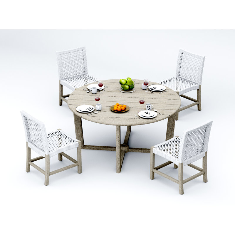 4 Seats 5 Pcs Grade-A Weathered Teak Wood Dining Set: 60" Sema Round Table And 4 Alsoi Armless Chairs #11AI3500, 4