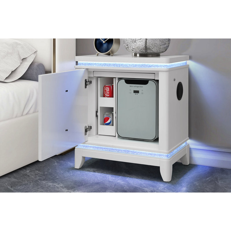 White Nightstand With Cooler,Usb And Speaker