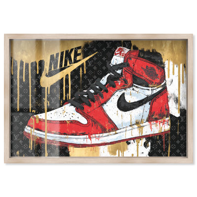 Golden Drips Stylish Sneakers Shadowbox Print Sneaker Wall Art by Art Remedy, Blonde Frame, 55 x 37