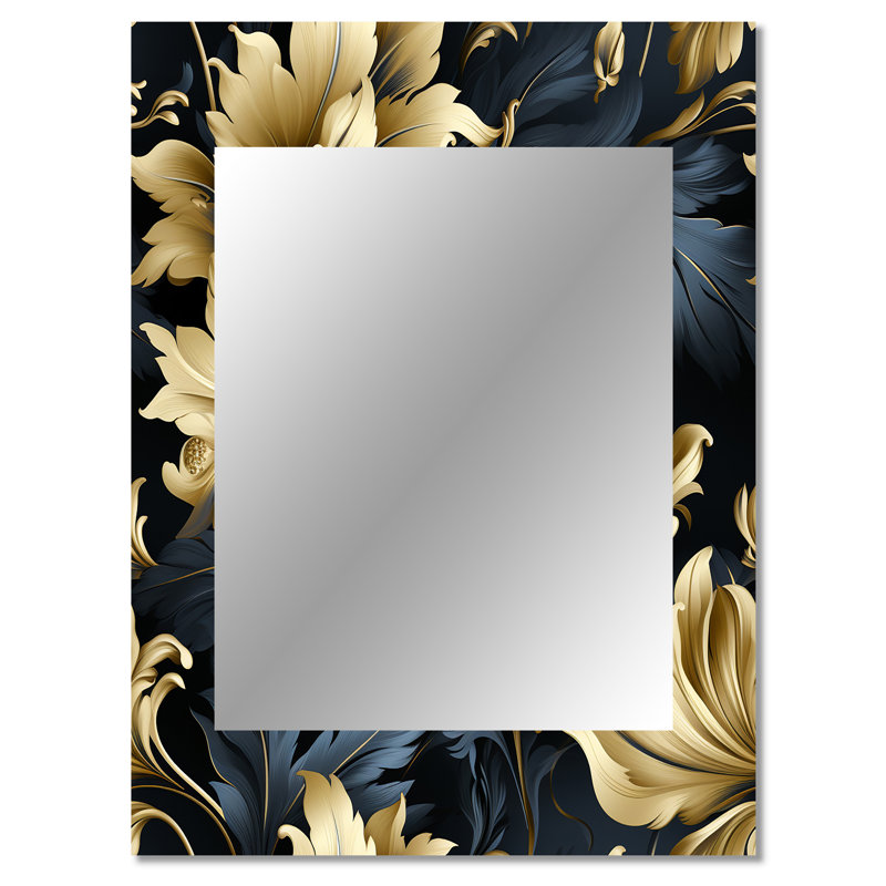 Glamour damassé bleu foncé et doré Kellton - miroir décoratif damassé, grand miroir mural damassé, impression sur métal