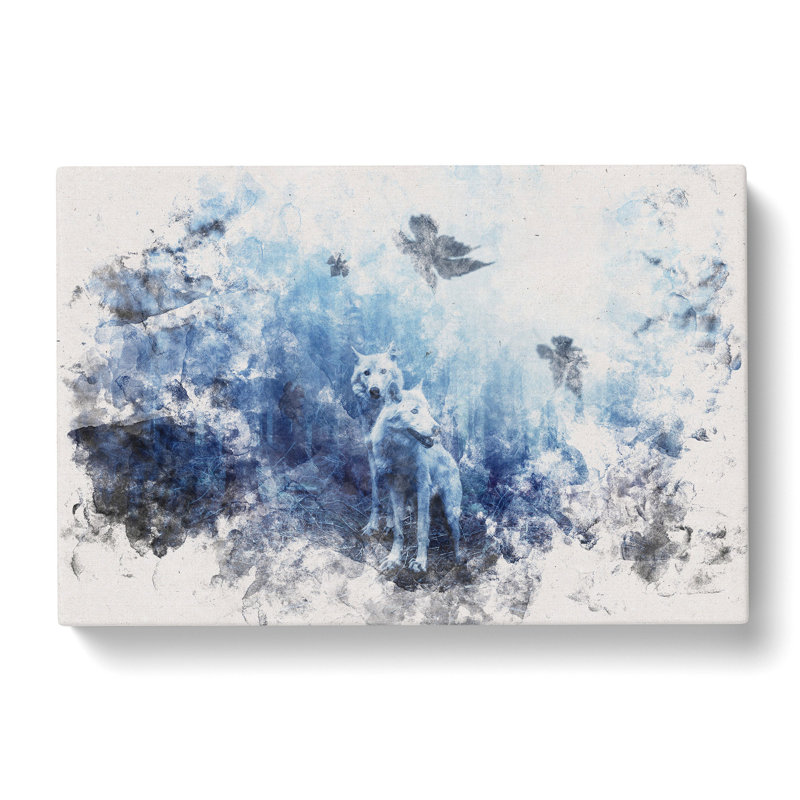 White Wolves In The Forest Watercolour - Wrapped Canvas Print, 50cm H x 76cm W x 3cm D